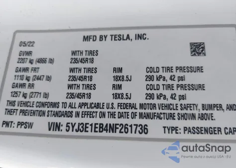 2022 Tesla Model 3 Long Range Dual Motor All-Wheel Drive from USA, damaged, VIN 5YJ3E1EB4NF261736